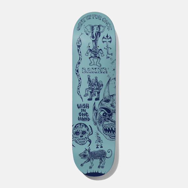 Baker Rowan Stop And Think 8.25 skateboard deck: Pale blue deck with navy tattoo-style drawings: an elephant-headed figure, a snake, an axe-wielding figure, a horned demon face, a skull, a wolf and cheering figures, with Baker and the phrases shut up for once and wish in one hand.