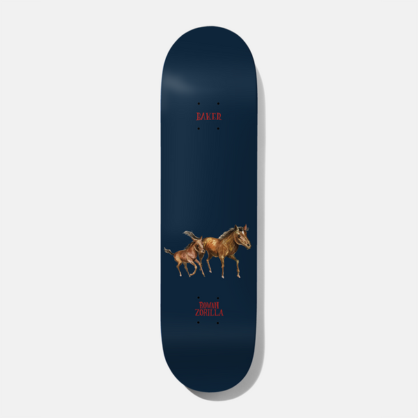 Baker Rowan Waters 8.25 skateboard deck: Painted brown mare with a foal trotting beside her, on a plain navy deck. Baker in small red lettering near the top and the rider name near the tail.