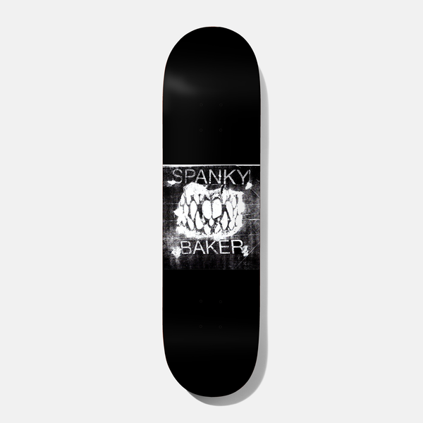 Baker Spanky Distressing Sensation 8.125 skateboard deck: Black deck with a square, grainy black-and-white photocopied panel showing a snarling, toothy mouth in white, with the rider name above and brand name below the teeth.
