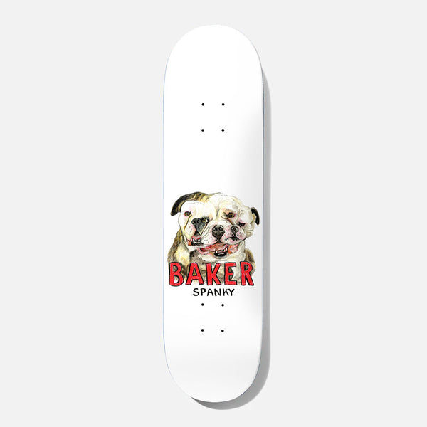 Baker Spanky Fluffy 8.25 skateboard deck: Watercolour-style drawing of two bulldog heads merged together, above red hand-lettered BAKER and a small SPANKY name, on a white deck.