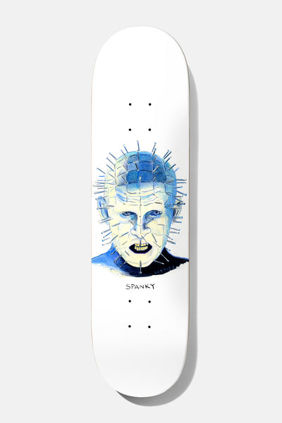 Baker Spanky Hellraiser 8.25 skateboard deck: A painted portrait of a pale blue-tinted man with a head covered in a grid of nails, grimacing. The rider's name is handwritten below, on a white deck.