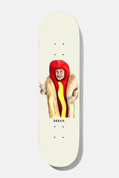 Baker Spanky Raaandomm 8.25 skateboard deck: A painted illustration of a man in a hot dog costume, with a red bun hood and mustard stripe, arms spread in a shrug, on an off-white deck with a small Baker label.
