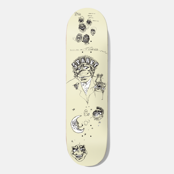 Baker Spanky Santino 8.0 skateboard deck: Black ink doodles of grotesque cartoon faces, a man in a jacket and tie with 'SPANKY' across his head, a smiling crescent moon and scribbled notes, on a cream deck.