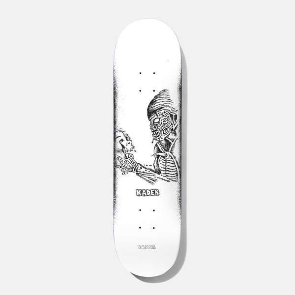 Baker Kader Stipple 8.5 skateboard deck: White deck with a black stippled ink drawing of a hooded skeletal creature grabbing a screaming person by the throat. KADER is in a small label in the middle and BAKER at the tail.