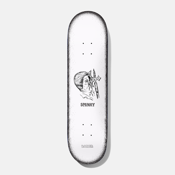 Baker Spanky Stipple 8.125 skateboard deck: White deck with a black stippled edge fade and a small dotwork drawing of an old man's head with a fantasy trident-like weapon in front of his face. Spanky named below and Baker logo at the tail.