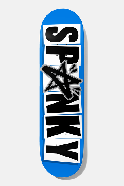 Baker Spanky Terror Squad 8.25 skateboard deck: The name Spanky in big black letters on white tiles over a blue deck, with a black star with a pentagram-like drawn outline over the middle letters.