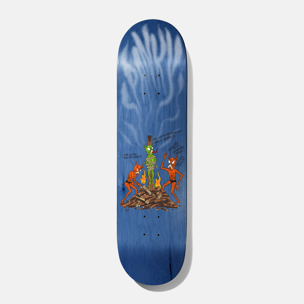 Baker Spanky Wizardry 8.25 skateboard deck: Cartoon scene of two red devils dancing around a bonfire while a green alien-like figure is tied to a stake, with handwritten speech notes, on a blue-stained deck with smoky white Baker lettering at the nose.