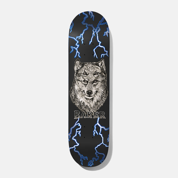 Baker Spanky Wolf 8.25 skateboard deck: Detailed pen-style drawing of a wolf's head with the Baker name beneath, surrounded by blue-white lightning bolts on a black deck.