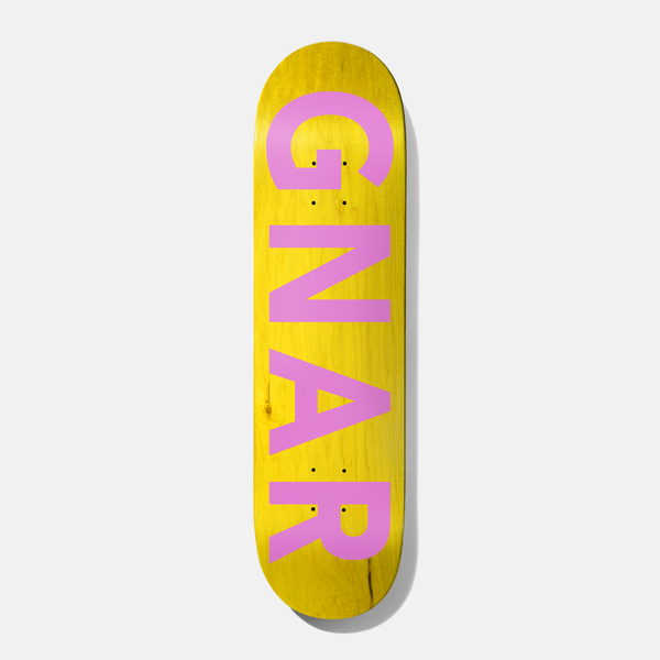 Baker Steamer Gnar 8.5 skateboard deck: Yellow wood-stained deck with the word in huge pink capital letters stacked down the length of the board.