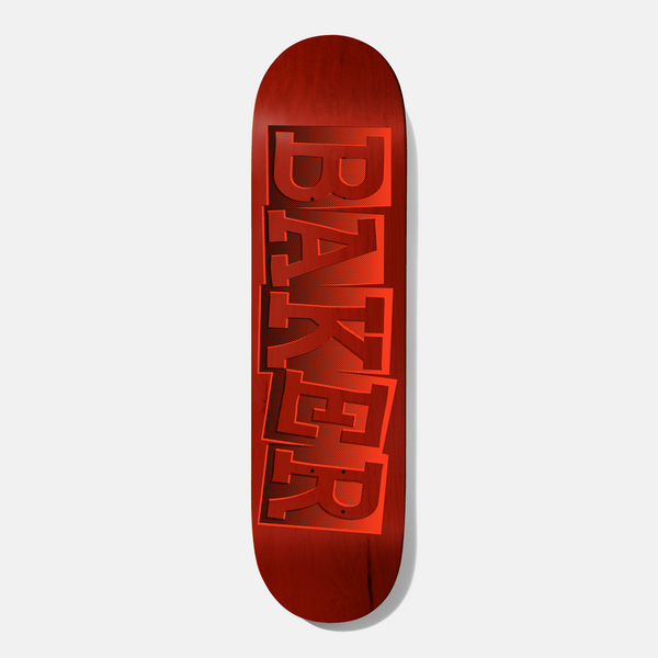 Baker Steamer Ribbon Name Red B2 8.25 skateboard deck: The brand name is set in large, stacked, ragged-cut ribbon lettering in red shades with a halftone gradient on a red-stained ground.