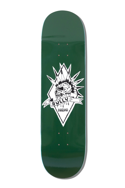 Baker Sully Skully 8.5 skateboard deck: A white line-drawn punk skull with a spiked mohawk inside a diamond outline, with a banner across it reading the rider name, on a dark green deck.