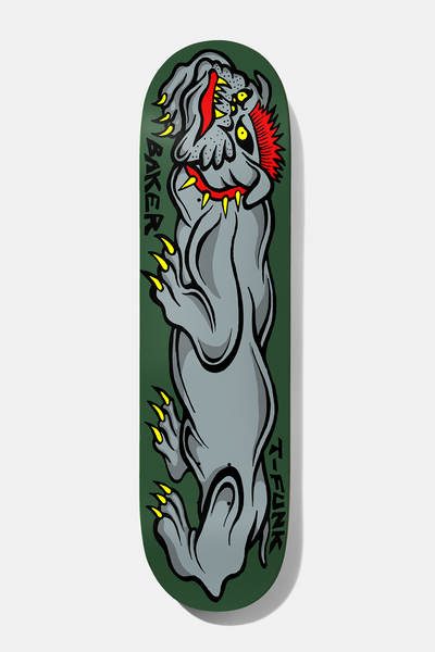 Baker T - Funk Big Dawg 8.7 skateboard deck: Grey bulldog-like creature with yellow claws, red spiked collar and snarling red mouth sprawls the length of a dark green deck, with Baker and T-Funk lettered at the sides.