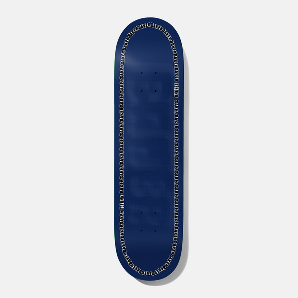 Baker T - Funk Blue Edge 8.0 skateboard deck: Plain navy blue deck with a faint tone-on-tone Baker block logo and a border of repeated black and white Baker wording running around the edge.