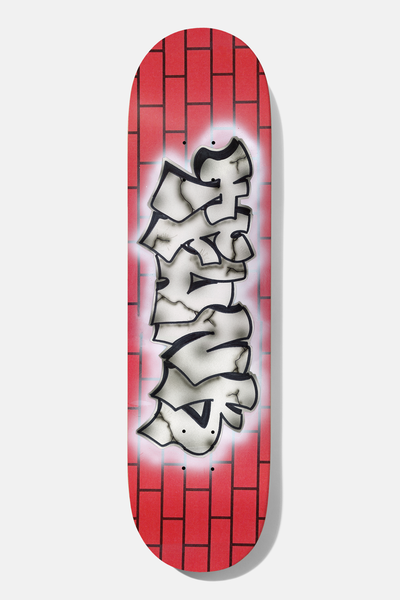 Baker T - Funk Brickhouse 8.75 skateboard deck: Graffiti-style throw-up lettering in cracked white and grey with black outlines and a white airbrushed glow, set over a red brick wall pattern.