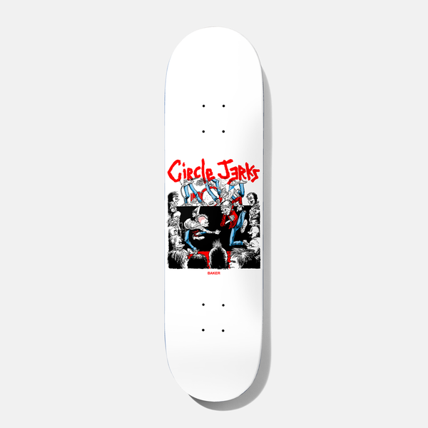 Baker T - Funk Circle Jerks 8.25 skateboard deck: A punk gig scene in black, red and blue ink: a crowd of spiky-haired punks and stage divers with the band name scrawled in red marker-style lettering above. Small Baker label beneath.