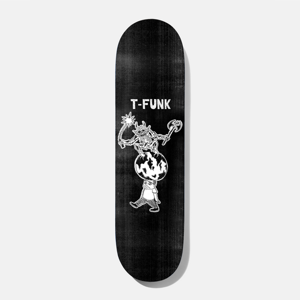 Baker T - Funk Crop Circles 8.5 skateboard deck: A white line drawing of a horned, armed demon riding on a flaming globe carried by a small man on foot, on a black deck. Name in blocky white lettering at the top.