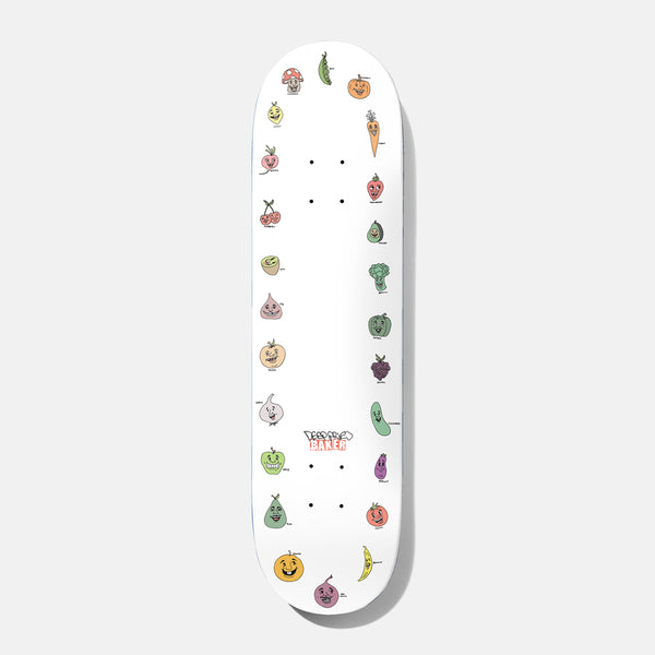 Baker T Funk Deep Fried 8.5 skateboard deck: Ring of small cartoon smiling fruit and vegetables, including mushroom, pea pod, carrot, cherries, strawberry and banana, around the edge of a white deck with a small Baker logo near the tail.