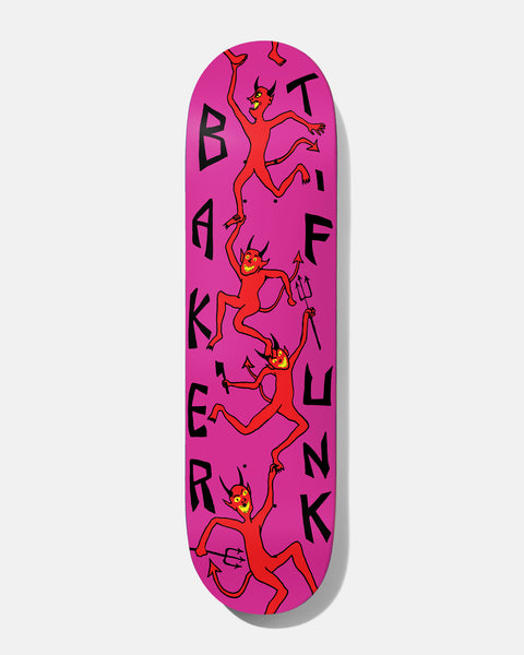 Baker T - Funk Devil Boi skateboard deck: Four red cartoon devils with horns, tails and pitchforks climb one above another down a hot pink deck, with Baker and T-Funk spelled in tall black letters along either edge.