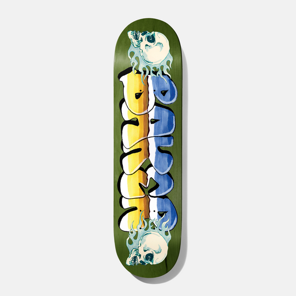 Baker T - Funk Faster 8.5 skateboard deck: Olive green deck with bubbly graffiti-style letters filled in yellow and blue, flanked by two flaming pale skulls at either end.
