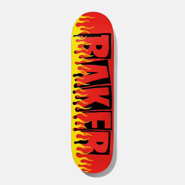 Baker T - Funk Flames 8.25 skateboard deck: Red deck with the Baker name in large black outlined block letters, with yellow and orange flames licking up the left edge.