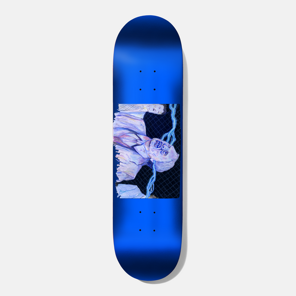 Baker T Funk Fried 8.38 skateboard deck: Pastel-pencil style panel of a screaming pale figure being struck by blue electric bolts against a dark chain-link fence, set on a glossy blue deck. The panel is rotated sideways.