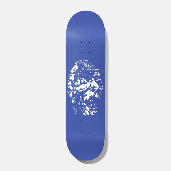 Baker T - Funk Gravel Pit Slick 9.0 skateboard deck: Periwinkle blue deck with a white, grainy high-contrast image of a rough, rocky or weathered face-like shape in the centre.