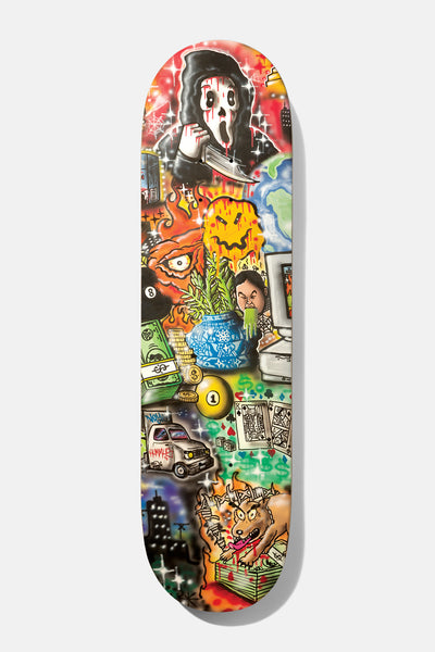 Baker T - Funk Hummus 8.5 skateboard deck: A dense airbrushed collage with a hooded ghost-faced figure holding a knife, a flaming pumpkin face, an eight ball, cash, a vase of cannabis, a computer, a van and a snarling dog on a pile of money, with city skylines.