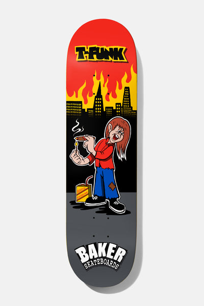 Baker T - Funk Lampwick 8.25 skateboard deck: A cartoon long-haired boy in red shirt and patched blue jeans lighting a cigar with a match beside a petrol can, in front of a burning city skyline. Name in yellow lettering at top, Baker logo at bottom.