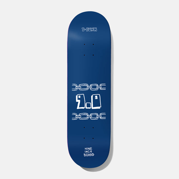 Baker T - Funk Mega 9.0 skateboard deck: A navy blue deck with a hand-drawn white 9.0 between two lengths of chain, rider name at the top and Nine Inch Board text near the tail.