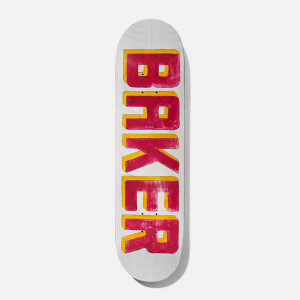 Baker T - Funk Painted B2 8.38 skateboard deck: The Baker name in large hand-painted, brushy red capitals with a yellow drop shadow, stacked down a white deck.