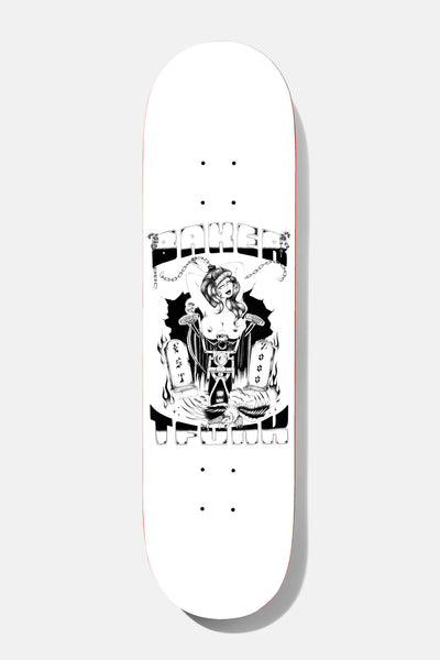 Baker T - Funk Skate Creep 8.5 skateboard deck: Black-and-white ink illustration of a woman with long hair seated on a motorbike between two flaming gravestones, with chains and a skull motif. Baker lettering arches over the top and T-Funk lettering curves below.