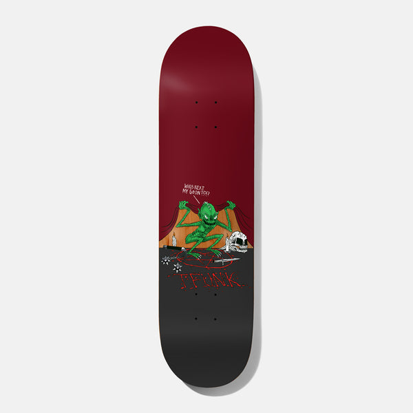 Baker T - Funk Sorcery Survival 8.5 skateboard deck: A green goblin-like creature crouches on a stage with red curtains, speech bubble above, surrounded by candles, a skull, daggers and throwing stars, with TFUNK scrawled in blood-red on a black lower half. Deep red top.