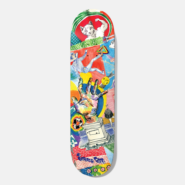 Baker T - Funk Thoughts 8.5 skateboard deck: Colourful crayon-style collage of a white cat flexing its arm, a large multicoloured hand on a plinth, a smiley, a falling figure and a brick wall with handwritten text.