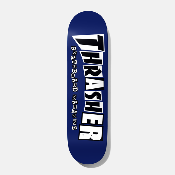 Baker T - Funk Thrasher Navy 8.5 skateboard deck: The Thrasher magazine logo fills the deck in black and white block lettering on a flat navy blue background, with the words Skateboard Magazine running up the side.