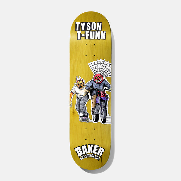 Baker T - Funk & Tyson Jollyman Lives 8.25 skateboard deck: Cartoon-style illustration of two masked figures, one skating with a horned yellow mask and the other riding a motorbike with a red angry head, with a spider web behind. Rider name in block letters at the top on a yellow stained deck.