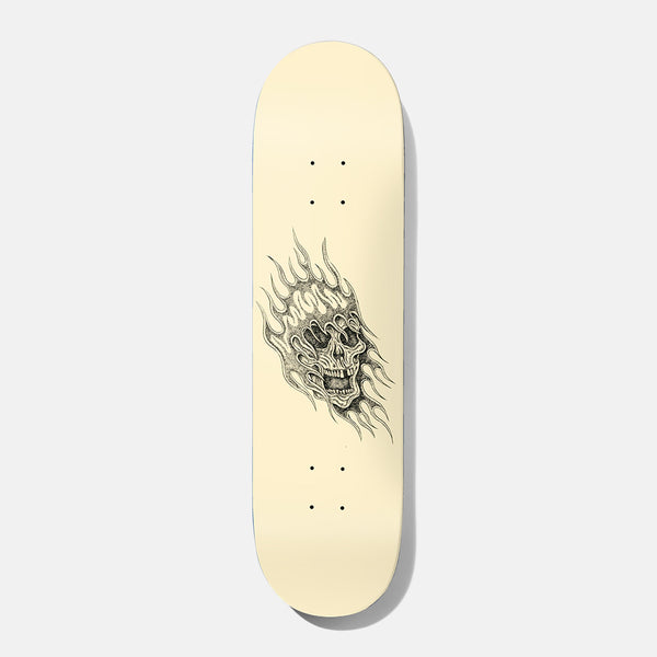 Baker T - Funk Undead 8.475 skateboard deck: Fine pen-and-ink drawing of a grinning skull wrapped in stylised flames, placed diagonally in the centre of a plain cream deck.