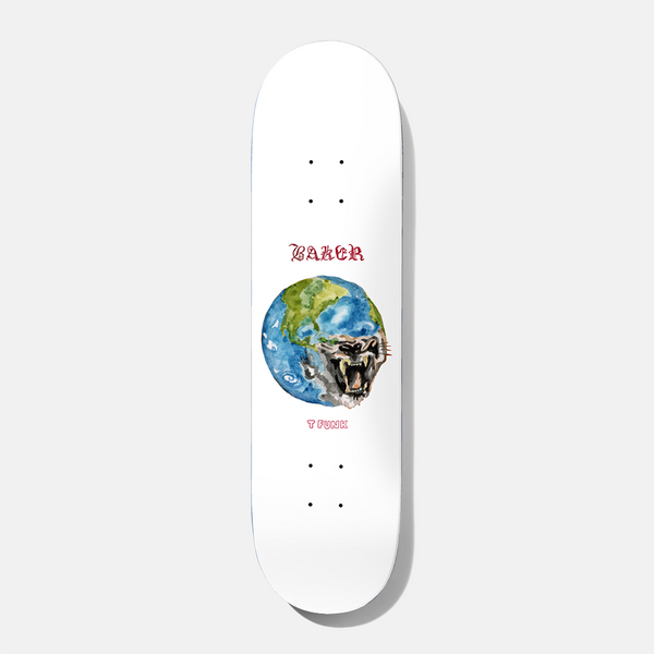 Baker T - Funk Waters 8.5 skateboard deck: A watercolour-style Earth with a snarling tiger's face emerging from one side, on a white deck. The brand name appears above in red gothic lettering and T FUNK below in small pink text.