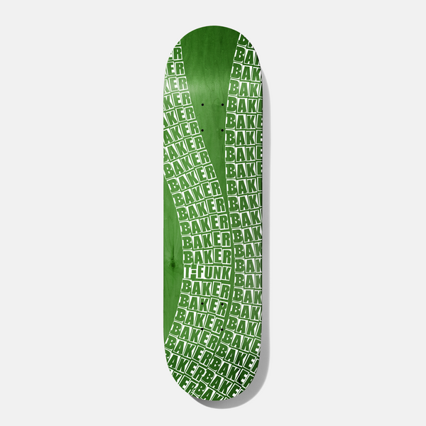 Baker T Funk Wavy Green 8.625 skateboard deck: Repeated white-on-green Baker box logos stacked in rows and warped into a wavy pattern, with a T-Funk label in the middle, on a green stained deck.
