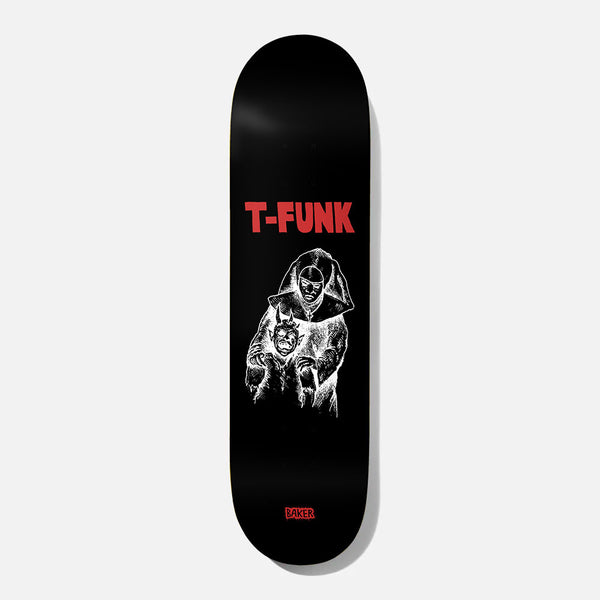 Baker T - Funk Whiplash 8.25 skateboard deck: A white line-drawn hooded figure in a mask holds a small horned creature or mask, under red block lettering reading T-FUNK on a plain black deck. Small red Baker logo near the tail.