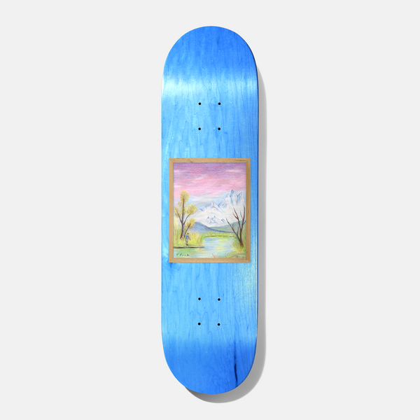 Baker T - Funk Woodland Escape 8.25 skateboard deck: A framed pastel landscape painting in the centre of a blue-stained deck, showing a small figure by a stream, bare and leafy trees and snowy mountains under a pink sky.