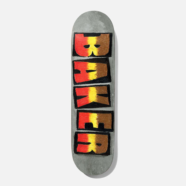 Baker T - Funk Yellow Stripe 8.0 skateboard deck: The Baker name stacked vertically in chunky crayon-textured block letters, each shaded from red through yellow to brown, outlined in black on a grey deck.