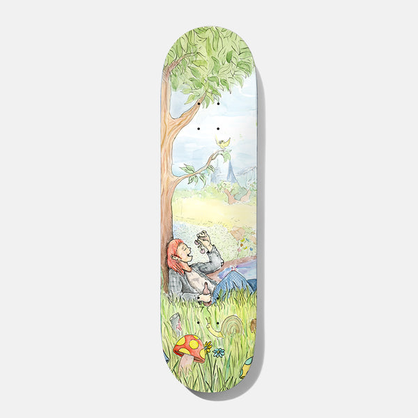 Baker T - Funk Daytrip 8.25 skateboard deck: Watercolour scene of a red-haired person in a suit lounging against a tree trunk with a drink, in a sunny meadow with mushrooms, a snail and distant castle.