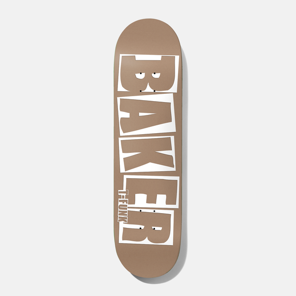 Baker Tfunk Brand Name Taupe B2 8.5 skateboard deck: Large white blocky Baker logo letters with a hand-cut look fill the deck on a taupe background, with small T-Funk lettering by the tail.