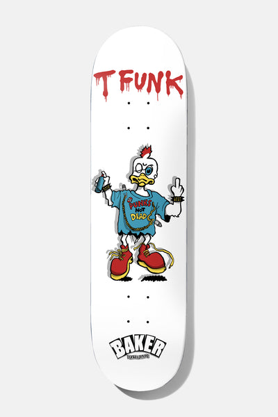 Baker TFunk Funks Not Dead 9.0 skateboard deck: White deck with a cartoon punk duck with a red mohawk, black eye, spray can and raised middle finger, wearing a blue ripped t-shirt and big red boots. Red dripping name at the top and a Baker logo at the tail.