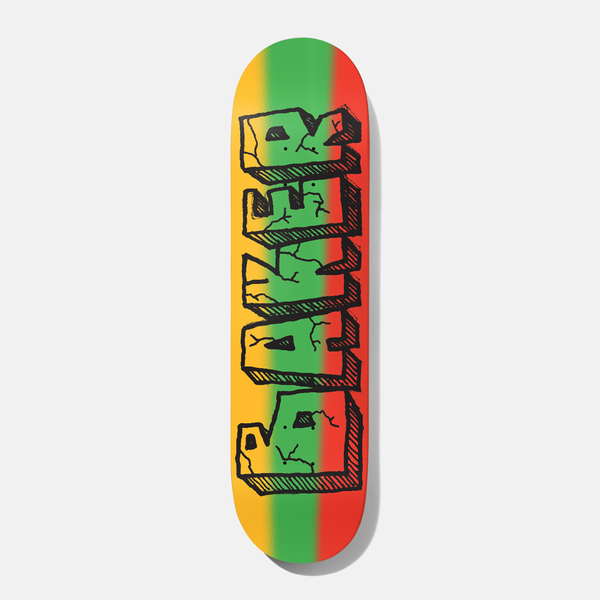 Baker Tfunk Jammys 8.5 skateboard deck: Hand-drawn cracked, blocky 'Baker' lettering outlined in black with a drop shadow, over vertical gradient bands of yellow, green and red.