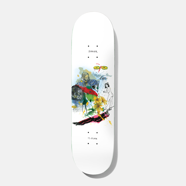 Baker T - Funk Lost 8.25 skateboard deck: A loose painted collage on white of a hooded grim reaper, skull, yellow flowers, a pin-up woman line drawing and a dead body, with a pair of green-yellow cymbal-like discs above. Small Baker and rider names at the ends.