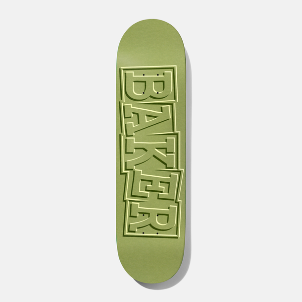 Baker Tfunk Ribbon Green 8.5 skateboard deck: Plain sage green deck with the Baker name in large, tone-on-tone, ribbon-style block capitals stacked vertically down the length, outlined in pale green.