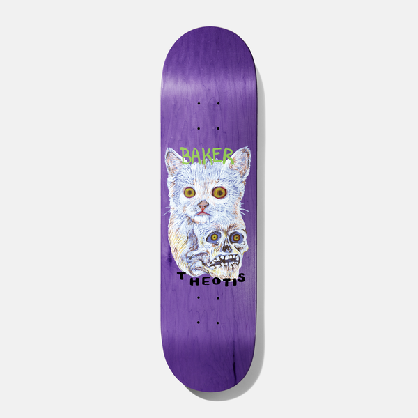 Baker Theo Constructors 8.25 skateboard deck: Painterly portrait of a white cat's head with wide yellow eyes, with a small skull resting beneath its chin, on a purple wood-stain deck. Green hand-lettered Baker above and black rider name below.