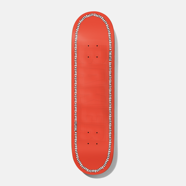 Baker Theo Coral Edge 8.125 skateboard deck: A coral-orange deck with a large tone-on-tone Baker logo across the board and a black and white repeating Baker and rider name ribbon running around the edge.