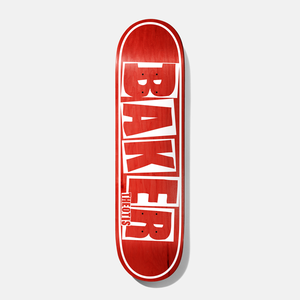 Baker Theotis Brand Name Veneer Red 8.5 skateboard deck: Large Baker logo letters in white block capitals stacked down the deck, with Theotis in small red letters, inside a white outline border on a red-stained wood veneer.